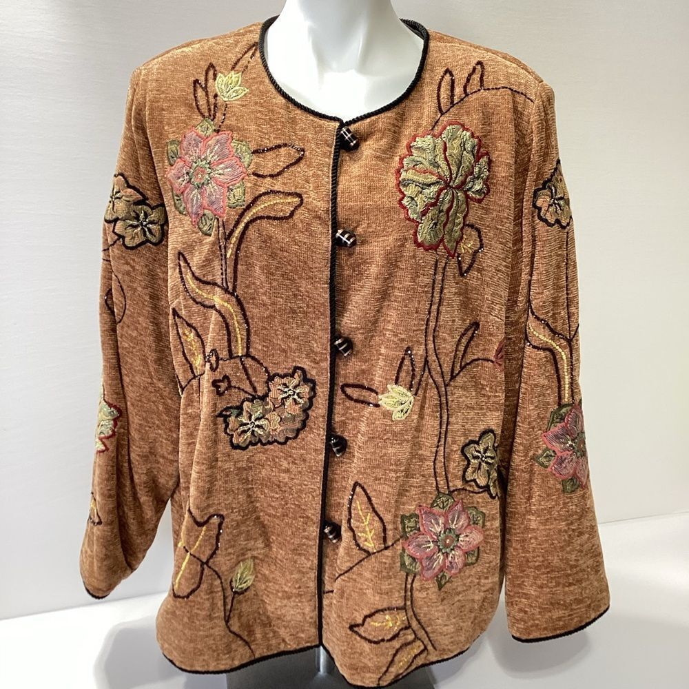 Indigo Floral Embroidered Tan Blazer Lagenlook Fashion Blazer Vintage 1X